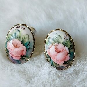 Vintage | Hand-Painted Porcelain Screw Back Pink Roses Gold Tone Signed Initials